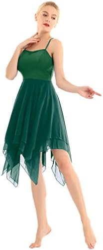 Feeshow Womenените лирски танцови костуми Елегантен модерен балетски танц фустан шпагети каиш со висока ниска современа танцова облека