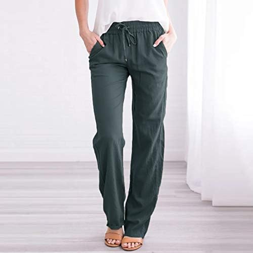 Обични летни памучни постелнини панталони за жени широки панталони со нозе со џебови, широки чиста боја, панталони за нозе, панталони