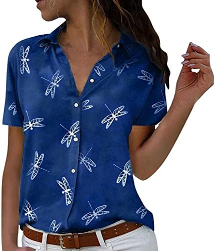 Копчиња за жени со обични блузи надолу со кошули Шарени кратки ракави за печатење врвови со кратки ракави Атлетски кошули за жени