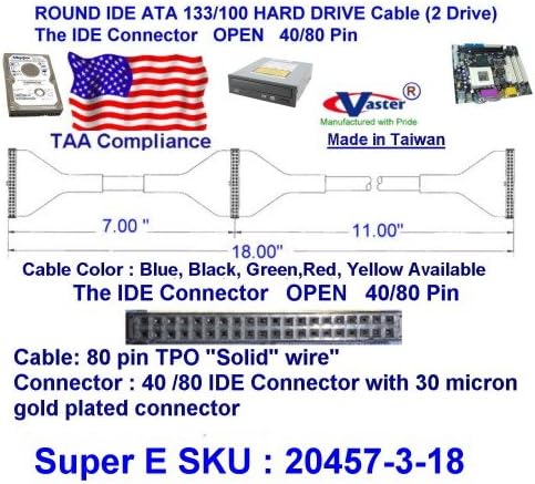 UDMA 40/80 тркалезна IDE/EIDE/ATA HDD кабел за податоци, 2 диск 18 инчи