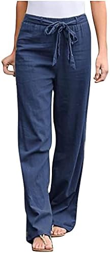 Pantsенски солидни памучни ленти со памук, плус големина на еластична половината, широки панталони за нозе, случајно удобно лабаво вклопување