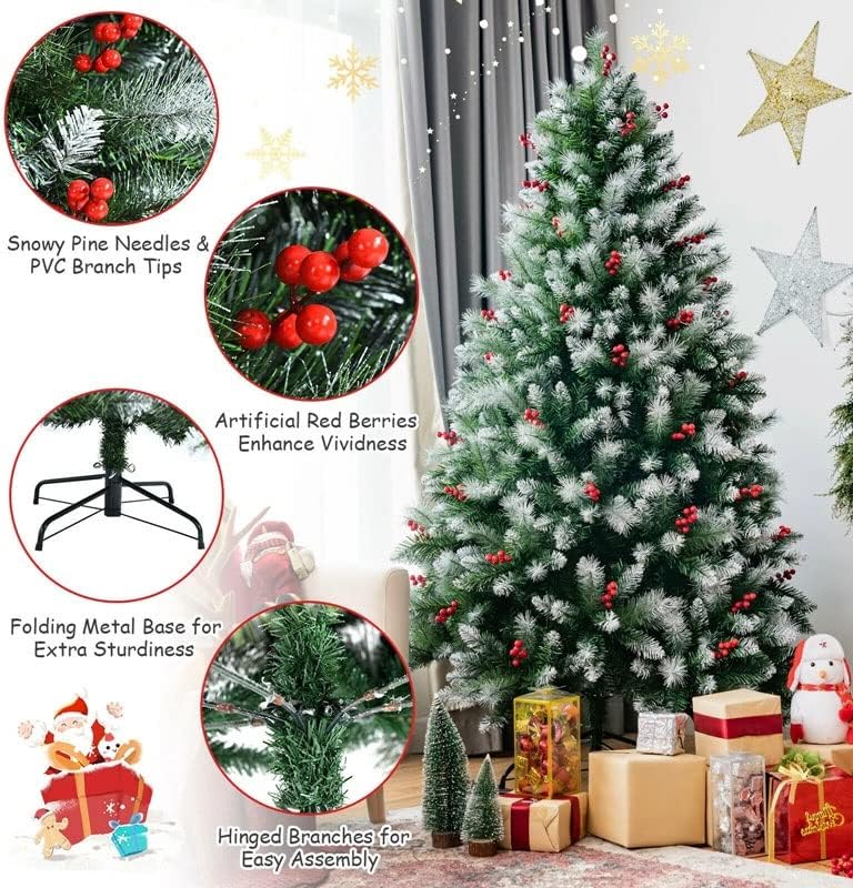 N/A 6ft Unlit Hinged вештачко новогодишно елка w/снег се собрани совети и црвени бобинки