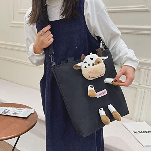 Торба со платно со рачки и патент, прекрасна торба со кравји крстосници за девојчиња цртани филмови со голем капацитет со еден рамо