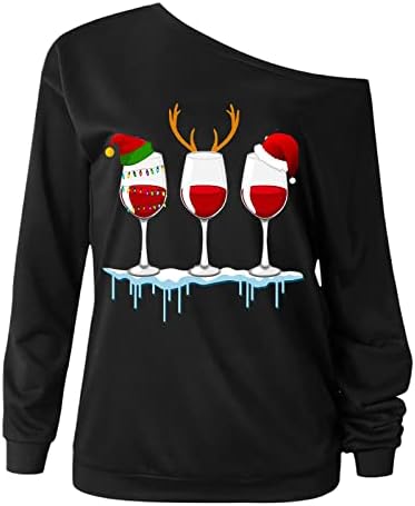 Christmasената на Fmchico Jompershirt Божиќна печати каузална блуза од рамото со долг ракав лабав слаби пулвер плус големина на врвови