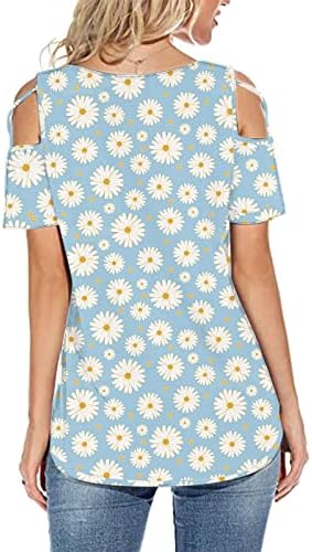 Женски летни маици исечени кратки ракави Туника врвови ладно рамо цветно печатење 2023 летни обични цвеќиња туники