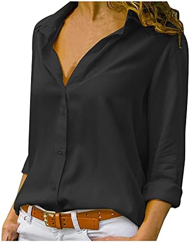 Копчиња за жени Мебамок надолу со кошули со единечна гради солидна боја со долга боја шифонска кошула, S-3XL