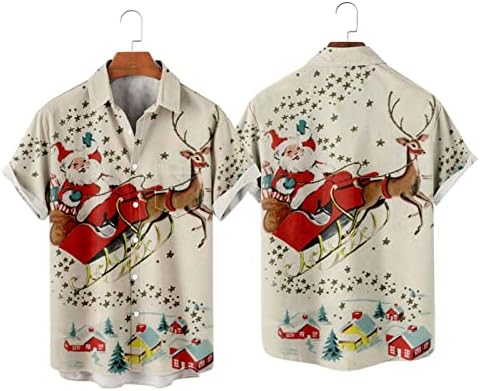Машки Божиќен краток ракав копче надолу кошули Гроздобер куглање со куглање, обичен Дедо Мраз, печатено редовно вклопување на врвот