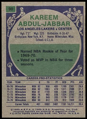 Редовна кошаркарска картичка во 1975 година 90 Карем Абдулџабар од Лос Анџелес Лејкерс одделение добро