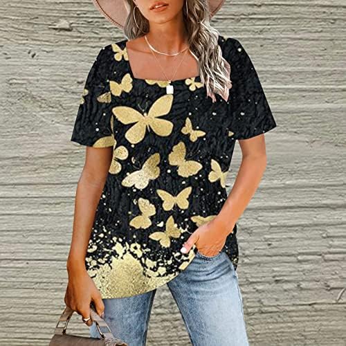 Обична маица на квадратни врат за жени опуштени вклопени со кратки ракави геометриски графички врвови лето Ацтек гроздобер Y2K блуза