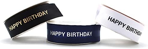 Морнарица сина и сребрена сатен и grosgrain Среќен роденден лента ширина 22 мм - идеално за вашите украси и подароци