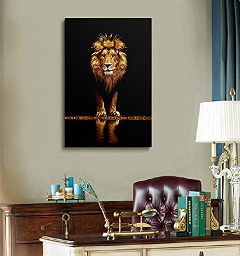 Лавоно платно печатено wallидна уметност, лав со круна благородна и самоуверена, црно -златно животно платно уметност за дневна