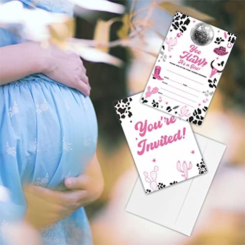 Qyuvanbu 25 покани за туширање за бебиња со коверти, Ји Хо! Крава девојка родео тема двострана пополнување покани за откривање
