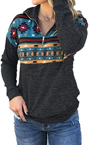 VOOPPTAW halенски половина поштенски џемпер, обичен ацтек печати долг ракав пулвер, врвен со џеб