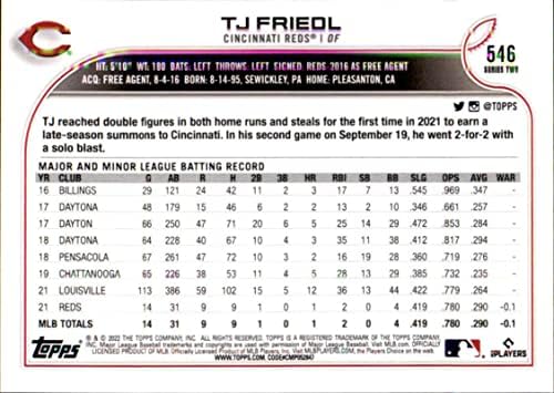 2022 Топпс 546 TJ Friedl RC Rookie Cincinnati Reds Series 2 MLB Baseball Trading Card