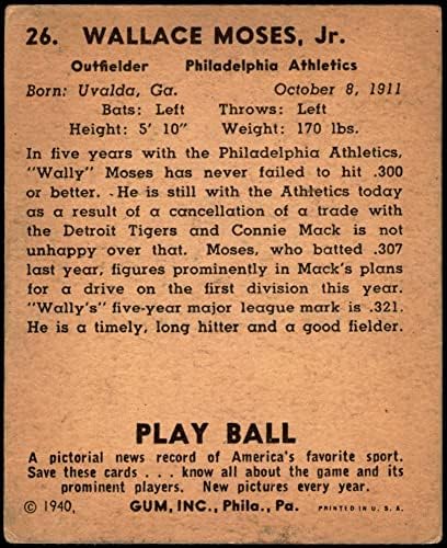 1940 Играјте топка 26 Воли Мојсеј Филаделфија Атлетика VG/Ex Athletics