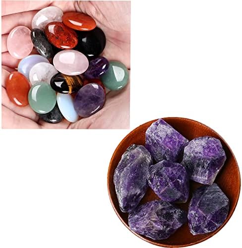 Zhiyuxi 10 парчиња овални палецот кристал камења најголемиот дел и 1,5-2,0 аметист сурови кристали рефус 4 парчиња вештерки што