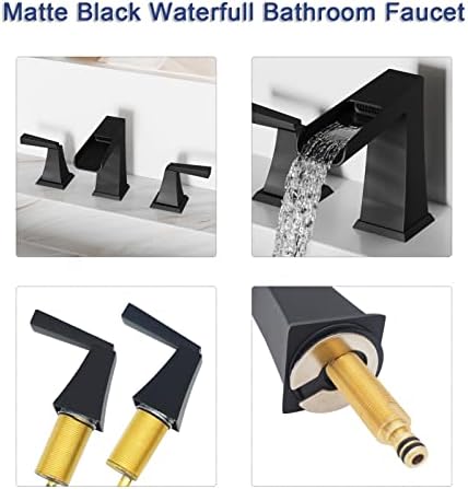 Ретма црни тапаци за бања за мијалник 3 дупка, 8-инчен водопад широко распространета тапа за мијалник за бања, тапа за бања со 2 рачки