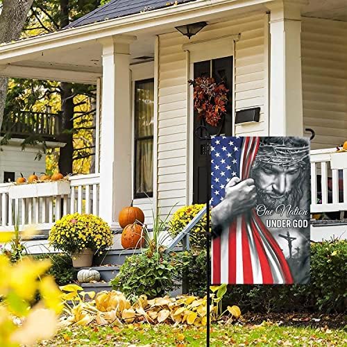 Една нација под Божјото градинарско знаме - Кристијан - Исус - САД двојно странични градинарски знамиња куќа двор декор 12x18in