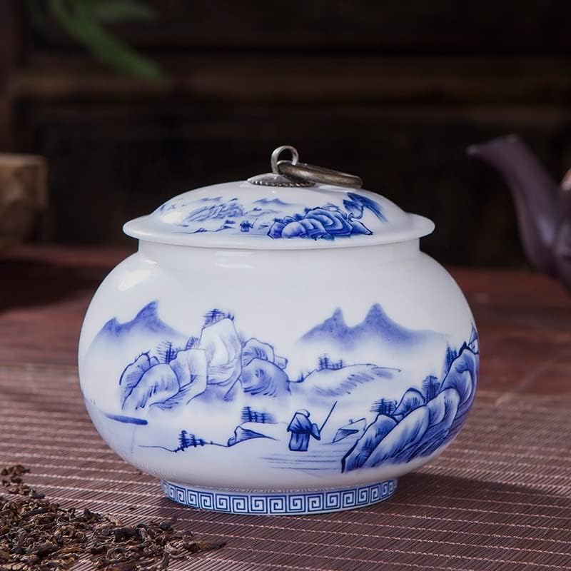 YFQHDD Jingdezhen порцелан сина и бела керамичка запечатена тегла за чај од бакар прстен со капаче за складирање на тенџере чај
