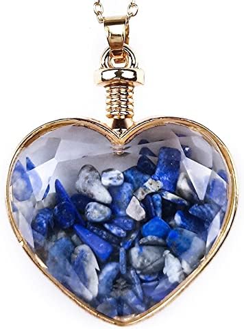 Hetoco 1pc природен кристал loveубов со срцев облик на аметист роза кварц Лапис лазули со приврзок со чип -камења златен раб за двојка што сака шише