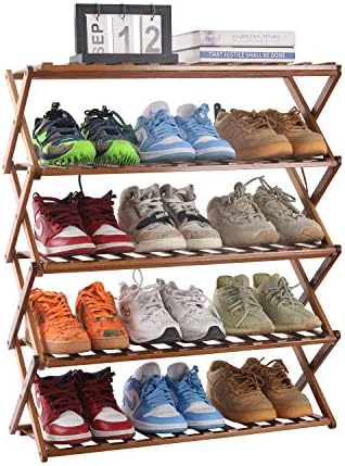 Pengke 5 нивоата за чевли, мулти -нивоата што може да се преклопи бамбус организатор за чевли решетка за повеќекратно складирање полица