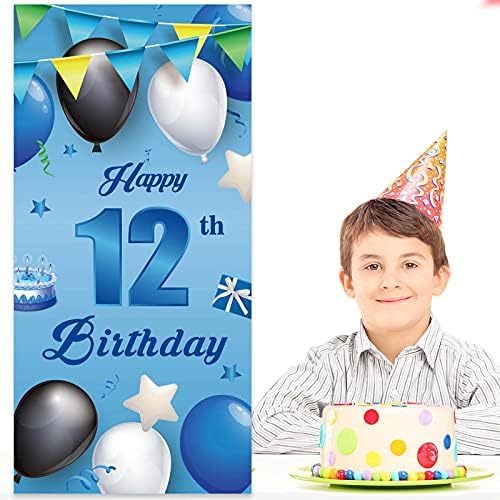 Среќен 12 Ти Роденден Син Банер Позадина Балони Ѕвезди Конфети Навива на 12 години Тема Украси Врата Трем Декор Подароци За Момчиња 12 Роденден