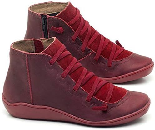 Чизми на глуждот Xomat за жени водоотпорна цврста боја кожа чипка што не се лизга рамен чизми за одење, случајни широко фитинг-чизми