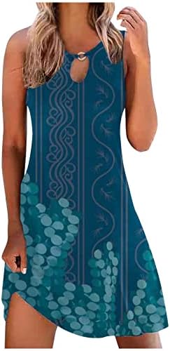 Женски обичен бохо фустан летен туничен фустан за клучеви за клучеви фустани цветни плажа сандерс без ракави, крив мини фустан