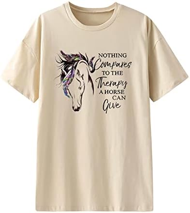 Womenените преголема коњска буква печати маичка лабава летни врвови трендовски краток ракав тркалезен врат пад на рамената на рамената