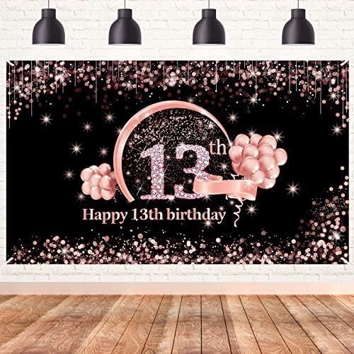 Lnlofen 13 -ти роденденски банер украси за позадина за девојчиња, екстра големи 13 годишни материјали за роденденска забава, розово злато среќно