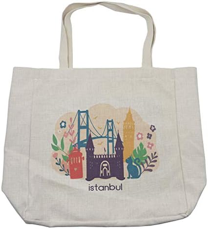 Торба за патување за патувања во Амбесон, илустрација во Истанбул Сити со шарени цветни и обележја, еколошка торба за еднократна употреба