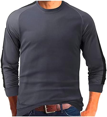 Менс пролетни маици со долги ракави Вафли плетена страна лента за крпеница тенок вклопат врвови на екипаж модна обична маица