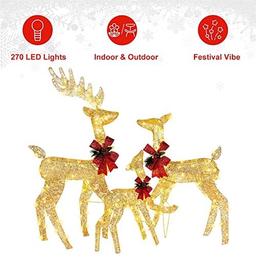 Qbomb Осветли Божиќни ирваси Семејство Семејни украси на отворено пред осветлување 270 LED светла, временски доказ злато елени Семејство