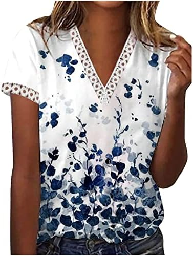 Краток ракав чипка памук длабока V вратот цветна графичка блуза маица за дами есен летен салон блуза GF GF