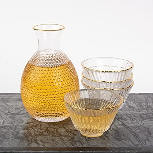 Skylarlife Јапонски премиум злато, поставена стаклена чаша колекција шут стакло карафе чаши со 4 чаши чаши чаши чај чаши соја стаклен собор