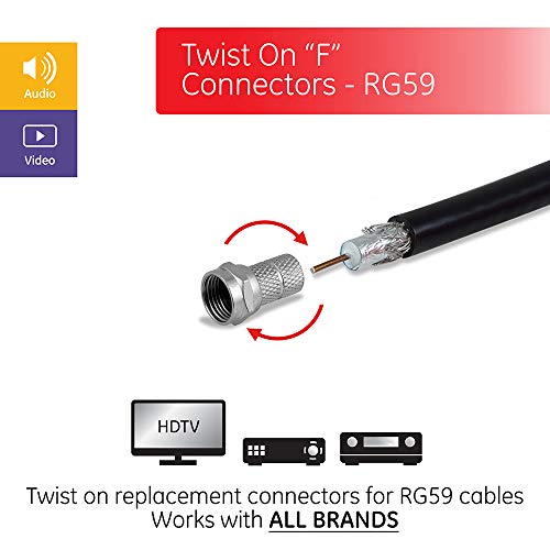 GE 50-пакет RG59 Twist-ON F конектори, F-Type конектори, заменете ги скршените конектори и соберете ги каблите RG59, не се потребни алатки,