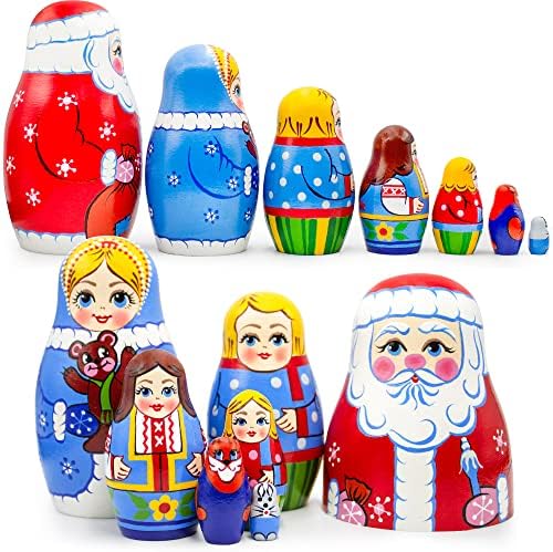 АЕВВВ Божиќни руски кукли за гнездење 7 парчиња рачно изработени дрвени Божиќни фигурини празници Матриоска кукли идеи за подароци