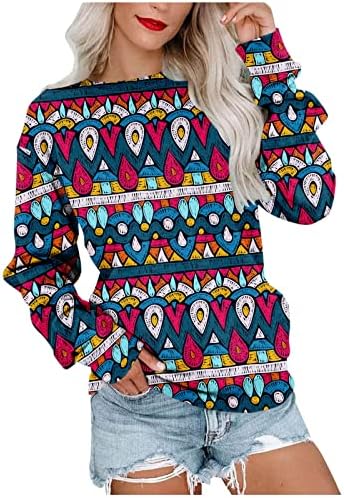 Nokmopo жени џемпери моден случај на обичен стил отпечатен џемпер со долги ракави, врвен графички џемпер