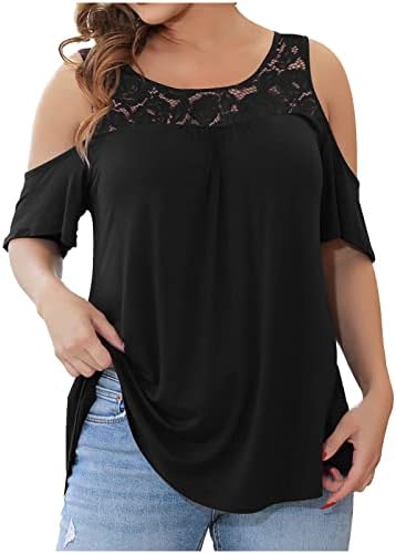 Женски чипка кратки ракави со една рамо маици плус големина блуза маичка екипажот на вратот на вратот на вратот на вратот 3i