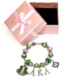 NQQCBB Sorority Нараквица АКА Sorority Подароци За Девојки Жени Розов И Зелен Накит Грчки Кристален Шарм Реквизити Подароци За Дипломирање