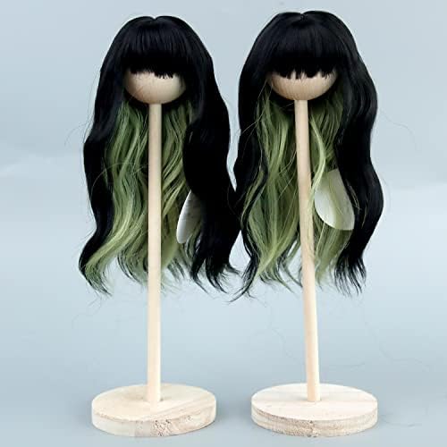 Muziwig 1/6 BJD SD Кукла перика за жени девојки, долга кадрава црна и светло зелена перика за 1/6 BJD кукла за правење коса отпорна