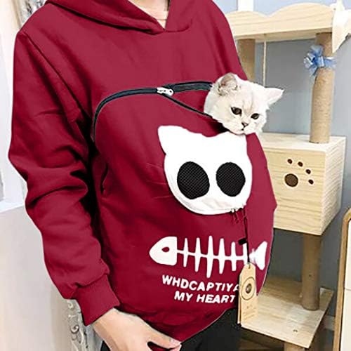 Ceangrtro Cat Hoodie for Women Pet Carrier Hoodie Hoodie Print Cat Hoodie Paute Pet Cog Dog Coug Sweatshirt за жени дуксери