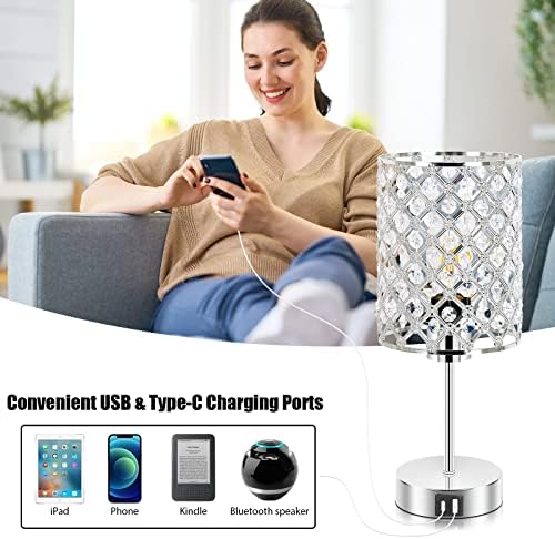 Кристална Светилка зорикн за Спални Соби, Модерна Столна Ламба Со Контрола На Допир, USB C+Пристаништа За Полнење, 3-Насочна
