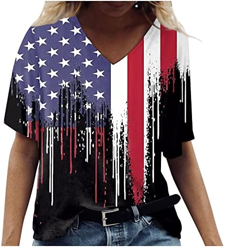 Oclun маица женски краток ракав Американско знаме 4 -ти јули графички V вратот на вратот на вратот Обичен блуза кошула облечена