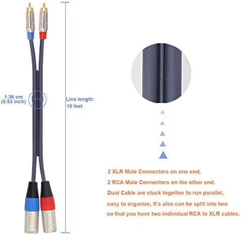 Tisino Dual RCA до XLR кабел, 2 RCA до 2 XLR машки HIFI стерео аудио врска микрофон кабел за кабел за кабел за кабел - 6,6 стапки