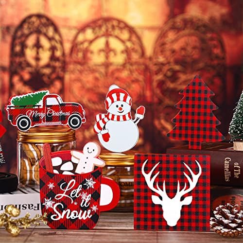 10 парчиња Божиќно ниво на табела декор Зимски дрвени таблети знаци црвена и црна биволска карирана тема декор, топло какао знаци