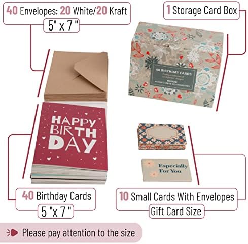 MPFY- роденденска картичка, пакет од 40 уникатни дизајни со коверти и бонус 10 картички за подароци, картички за подароци, роденден за