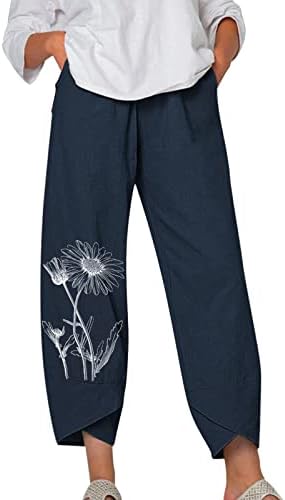 Летните постелнини панталони за жени плус памучна постелнина исечени панталони цветни печатени трендовски палацо панталони со џебови со џебови