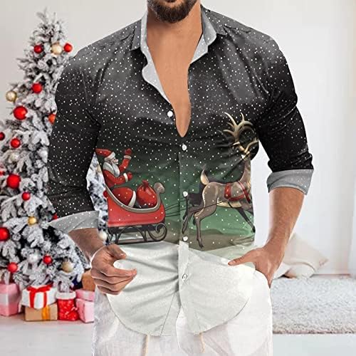Менс модна лежерна Божиќна дигитална дигитална 3Д печатење на празници со долги ракави кошула врвот плус краток