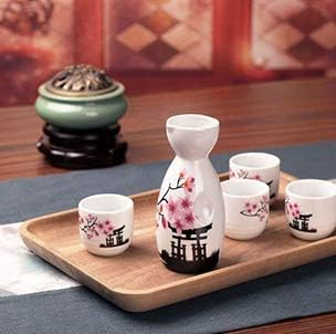Сет на јапонски сакети, 1 шише Токури и 4 чаши Охоко, пролетни цвеќиња керамички ради сет-микробранова и машина за миење садови